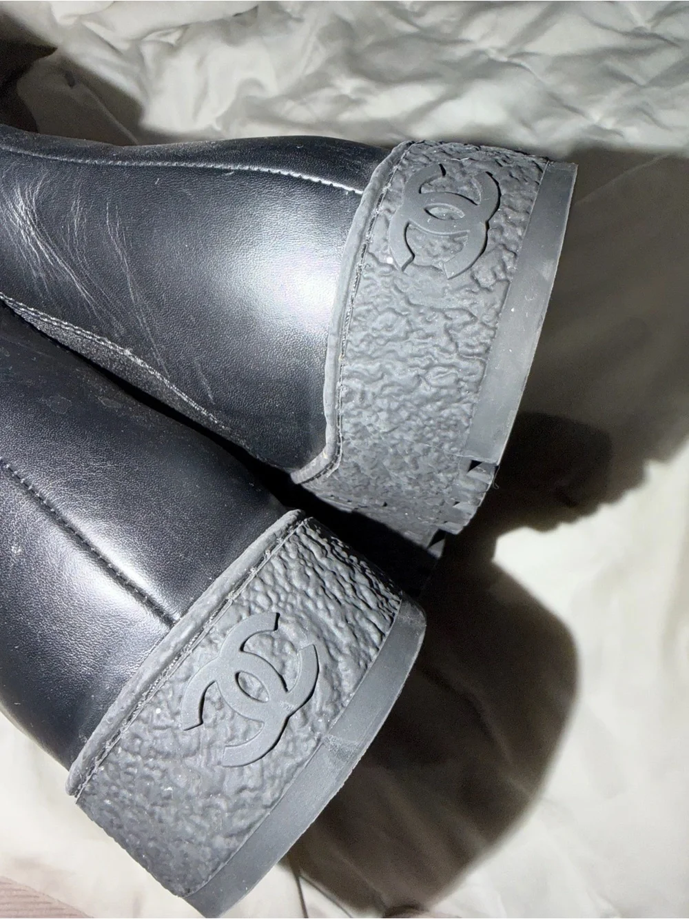 CHANEL Black Leather Platform Chelsea Booties with Gold CC Accent rubber sole
